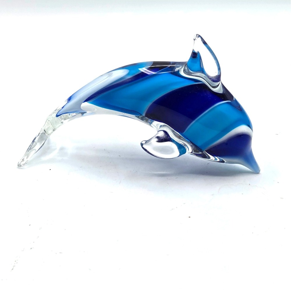 Hand Blown Murano‎ Style Cobalt  Blue and Aqua Blue Swirled Glass Dolphin